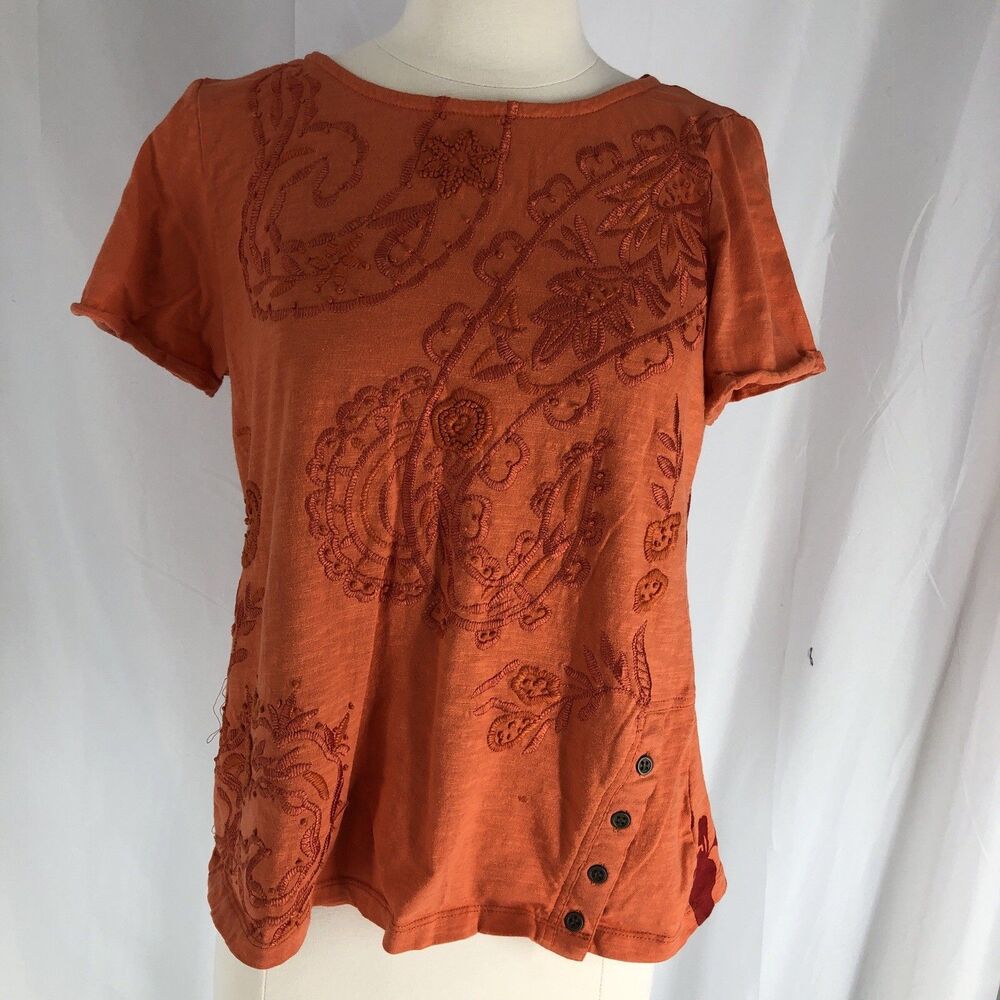 Soft Surroundings Top Women Medium Orange Floral Embroidered Boho T-Shirt